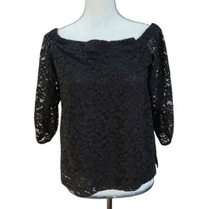 Ann Taylor Black Lace Blouse Small Half Sleeve Square Neck